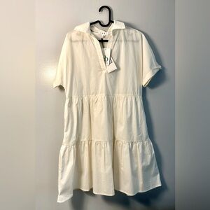 THML Cream Collared M Tiered Dress featuring a V neckline and cuffed sleeves NWT